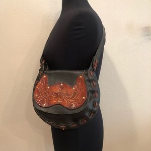 Vintage leather hand tooled purse 70s Hippie boho